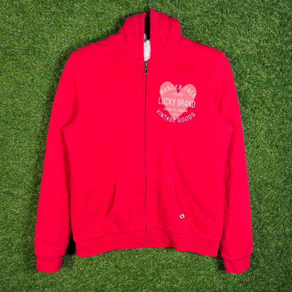 Lucky Brand Girls Red Sherpa Lined Full Zip Hoodie Heart Graphic Size L 14/16